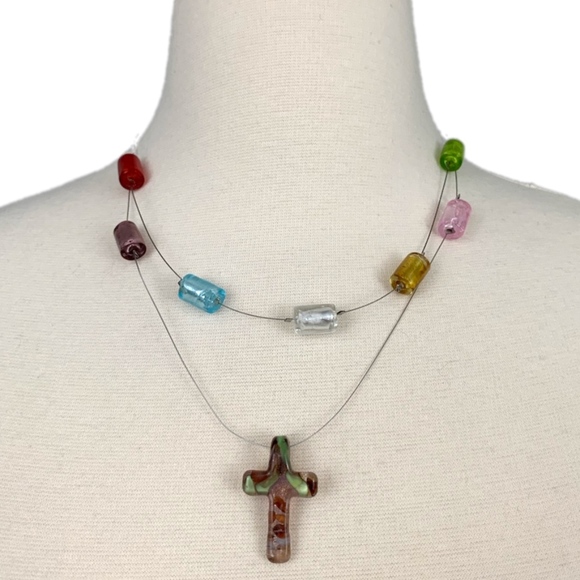 VIRTUES Handcrafted Necklace European Art Glass Faith Cross Wire - Picture 1 of 7